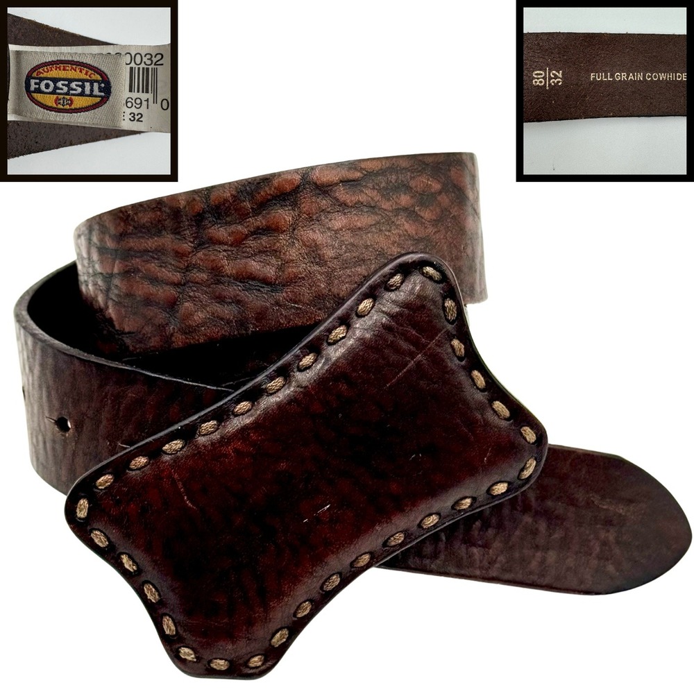 Fossil Full Grain Cowhide Leather Belt Distressed Whipstitch Buckle‎ 32 Brown